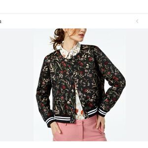 Marella Mayaca Womens Bomber Jacket Size 14 Black Floral Lined Snap NWT